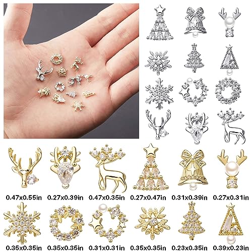 24 Pcs Christmas Nail Charms Rhinestones Snowflake Deer Wreaths Tree Bell Nail Gems 3D Gold Silver Art Jewels Metal Diamonds D589