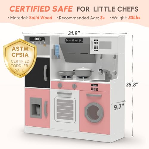 Play Kitchen with Lights & Sounds, 28 Pcs Toy Food & Cookware D21587