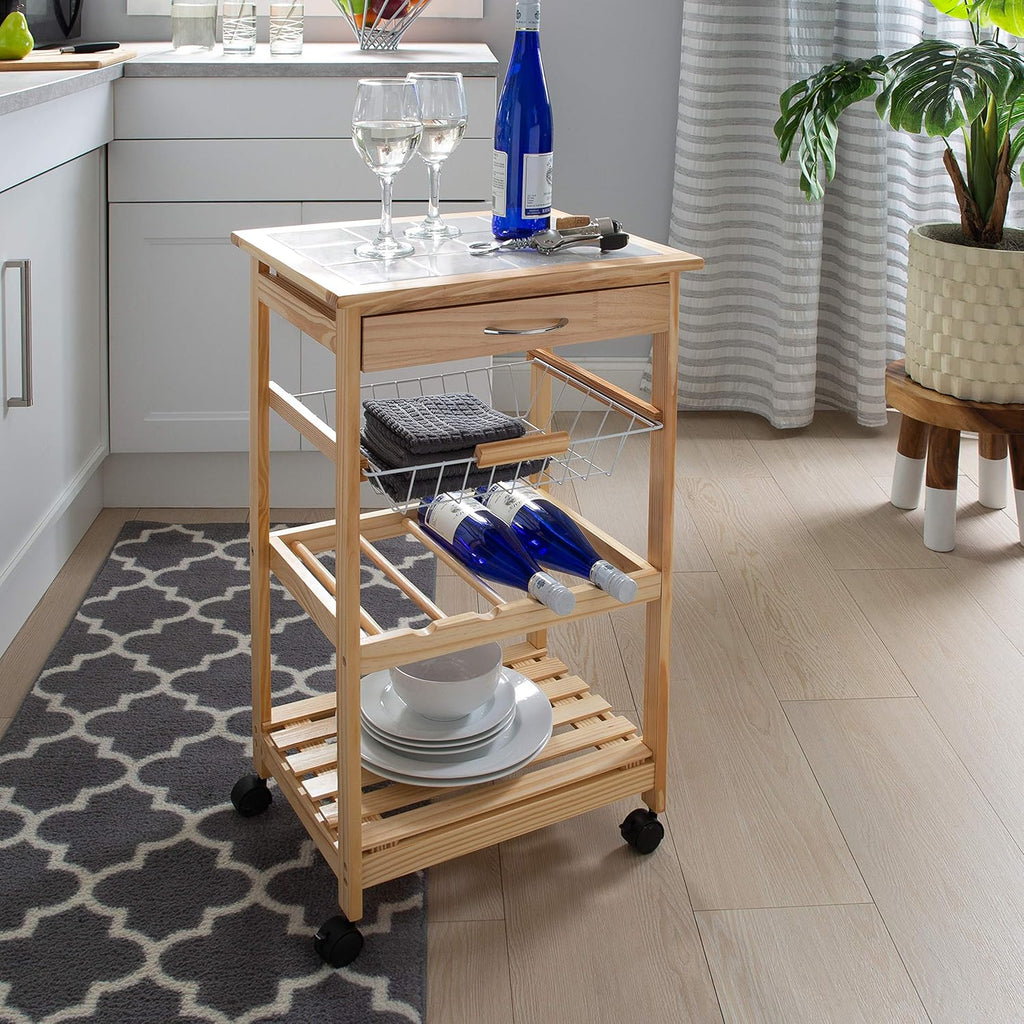 Natural Pinewood Mobile Kitchen Cart with Tile Top V766