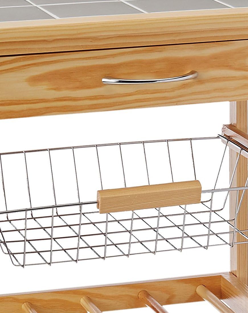 Natural Pinewood Mobile Kitchen Cart with Tile Top V766