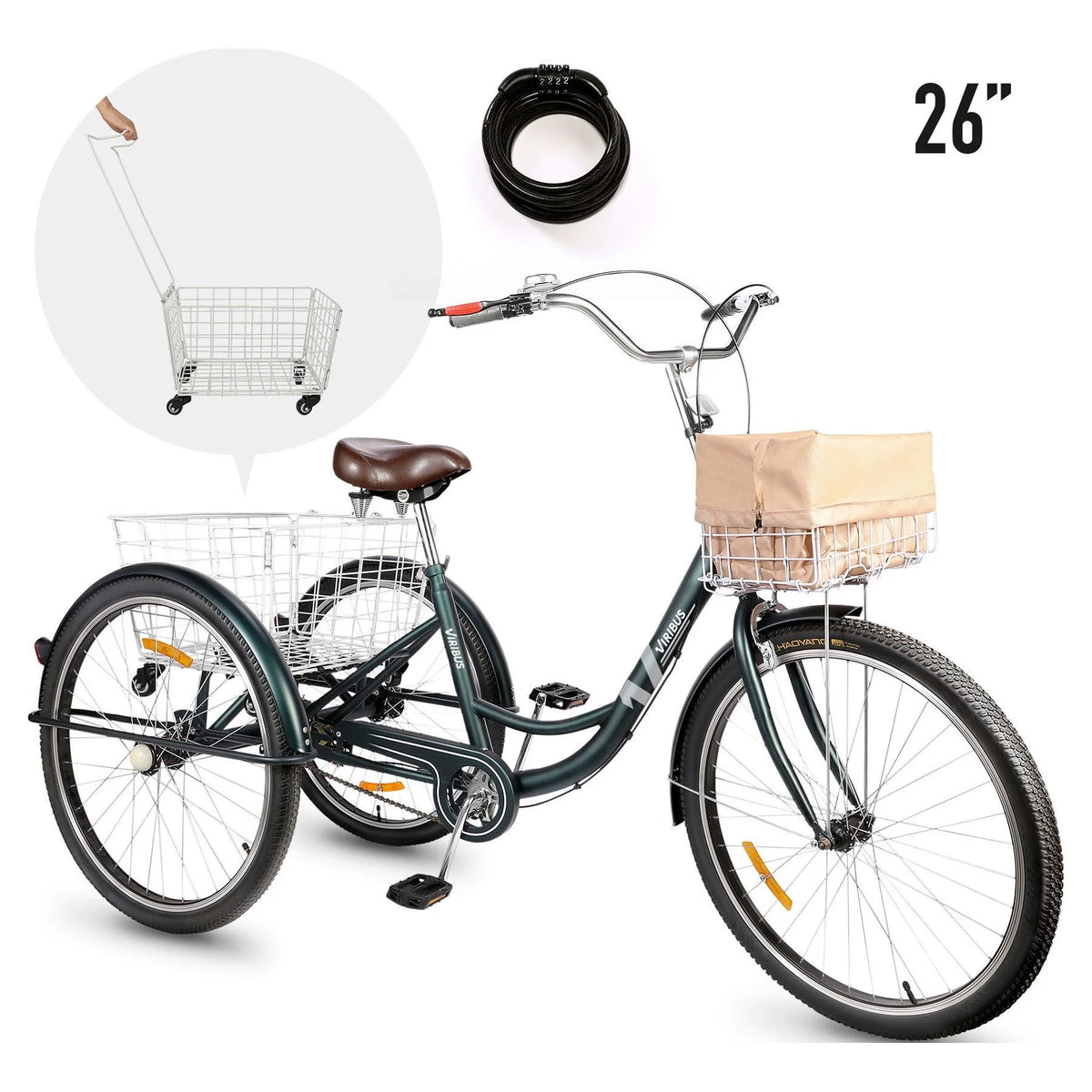 26 Inch Single Speed Adult Tricycle 3 Wheels Cruiser Bike with Basket S950360