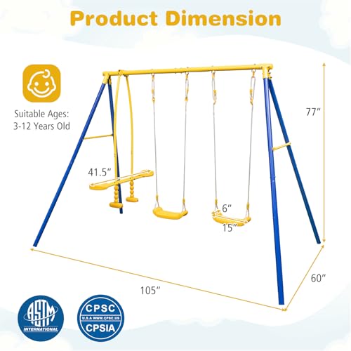 440 lbs Heavy Duty Metal Swing Set with Swing, Glider, Gym Rings L757995