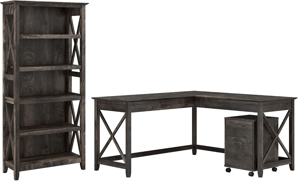 L Shaped Desk with 2 Drawer Mobile File Cabinet and 5 Shelf Bookcase, Dark Gray Hickory D138393