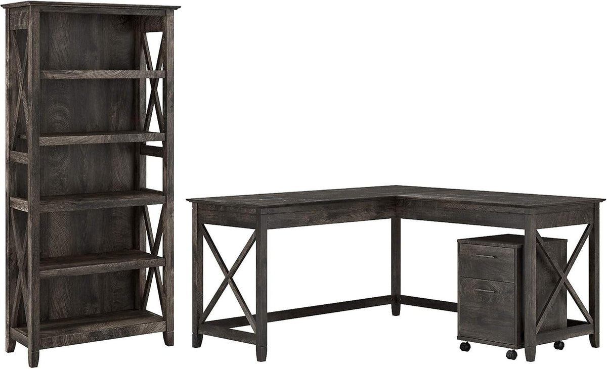L Shaped Desk with 2 Drawer Mobile File Cabinet and 5 Shelf Bookcase, Dark Gray Hickory D138393