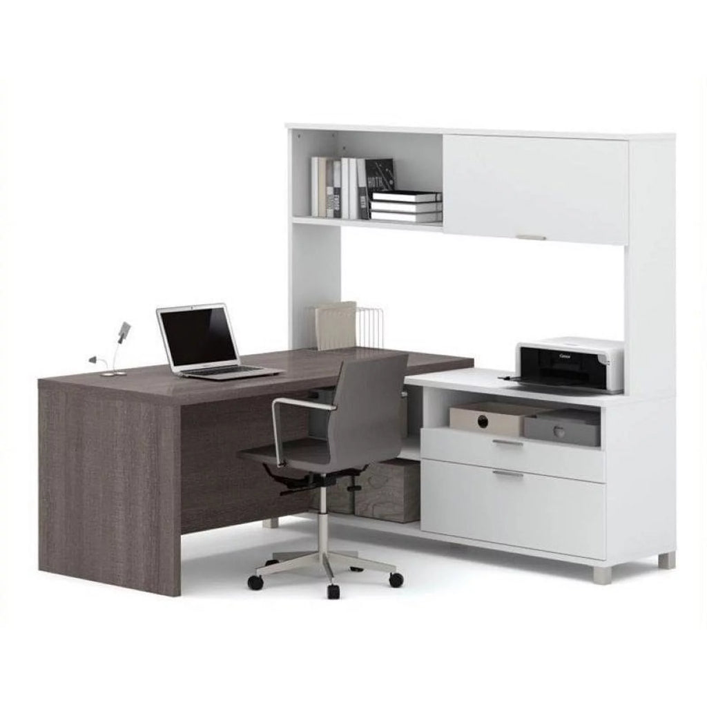 L-Desk with Hutch in White and Bark Gray K8608