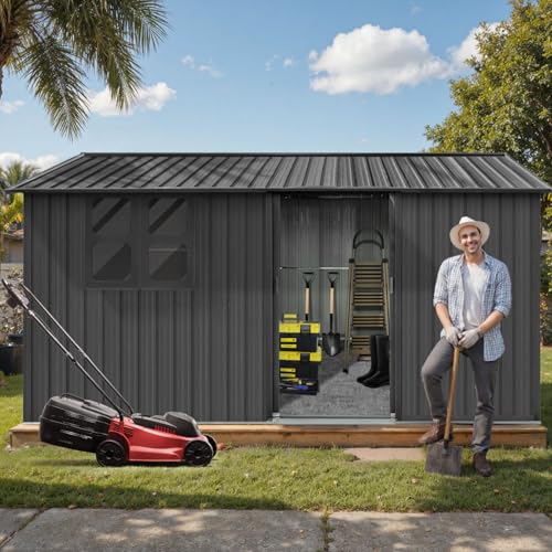 Grey Metal Outdoor Storage Shed with Windows and Lockable Doors F46933