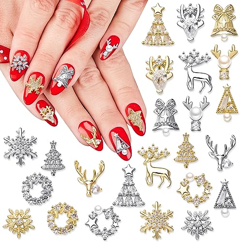 24 Pcs Christmas Nail Charms Rhinestones Snowflake Deer Wreaths Tree Bell Nail Gems 3D Gold Silver Art Jewels Metal Diamonds D589