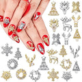 24 Pcs Christmas Nail Charms Rhinestones Snowflake Deer Wreaths Tree Bell Nail Gems 3D Gold Silver Art Jewels Metal Diamonds D589