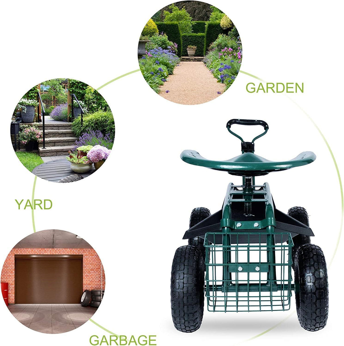 Green Garden Stool Cart with Tool Tray and Storage Basket on Wheels Y95024