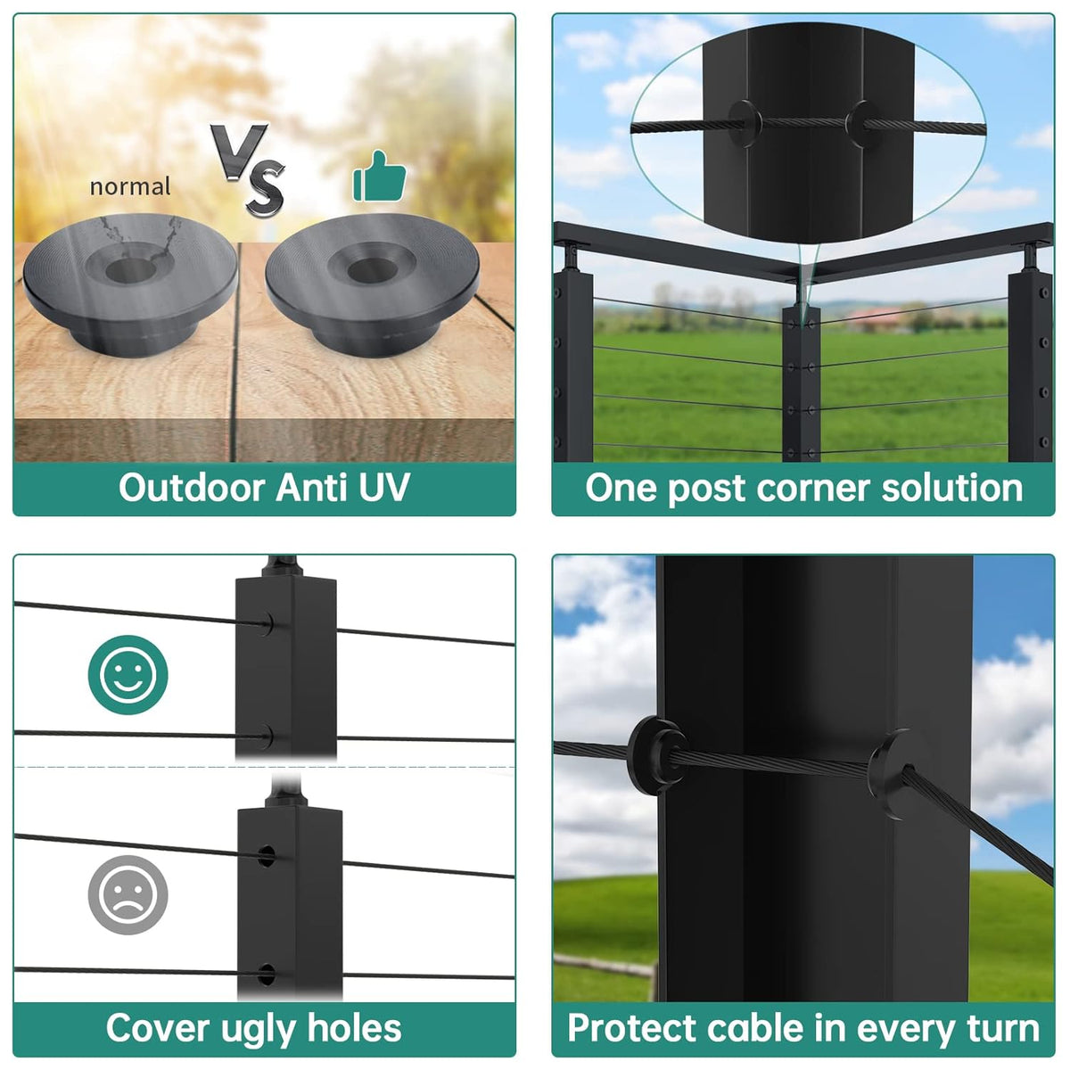 Black Cable Railing Kit 1/8 Wheel Protective Protector Sleeves Washer Insert Plug POM for Wire Rope Metal Posts Deck Balcony U24948