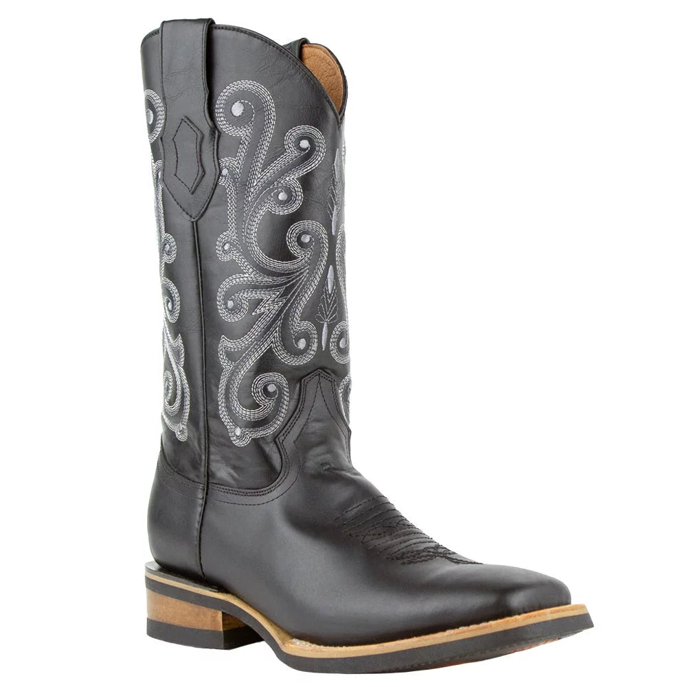 Mens French Embroidered Square Toe Mid Calf Boots Z447