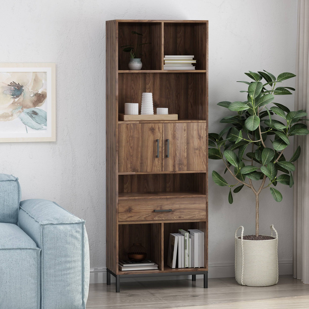 Walnut and Black Faux Wood Cube Bookcase N777092
