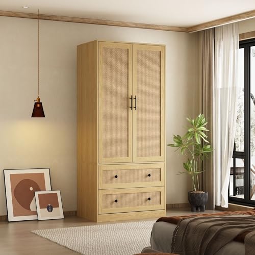 Oak 2 Rattan Door Wardrobe Closet with 2 Drawers and Shelves Z49746
