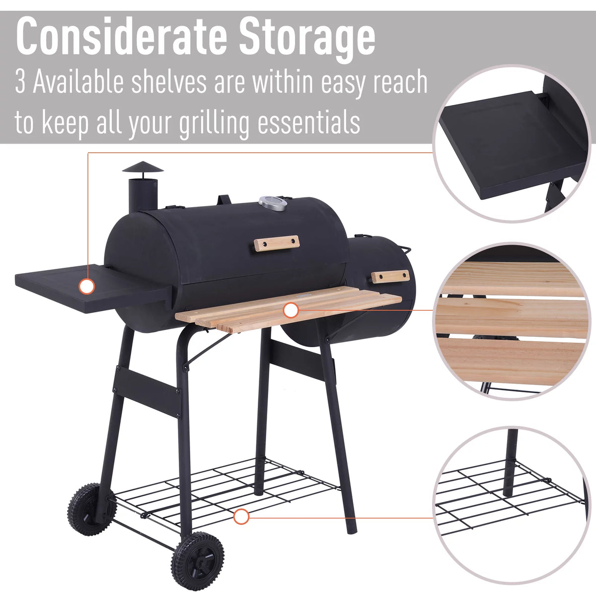 48" Steel Portable Charcoal BBQ Grill and Offset Smoker Combo with Wheels W67154