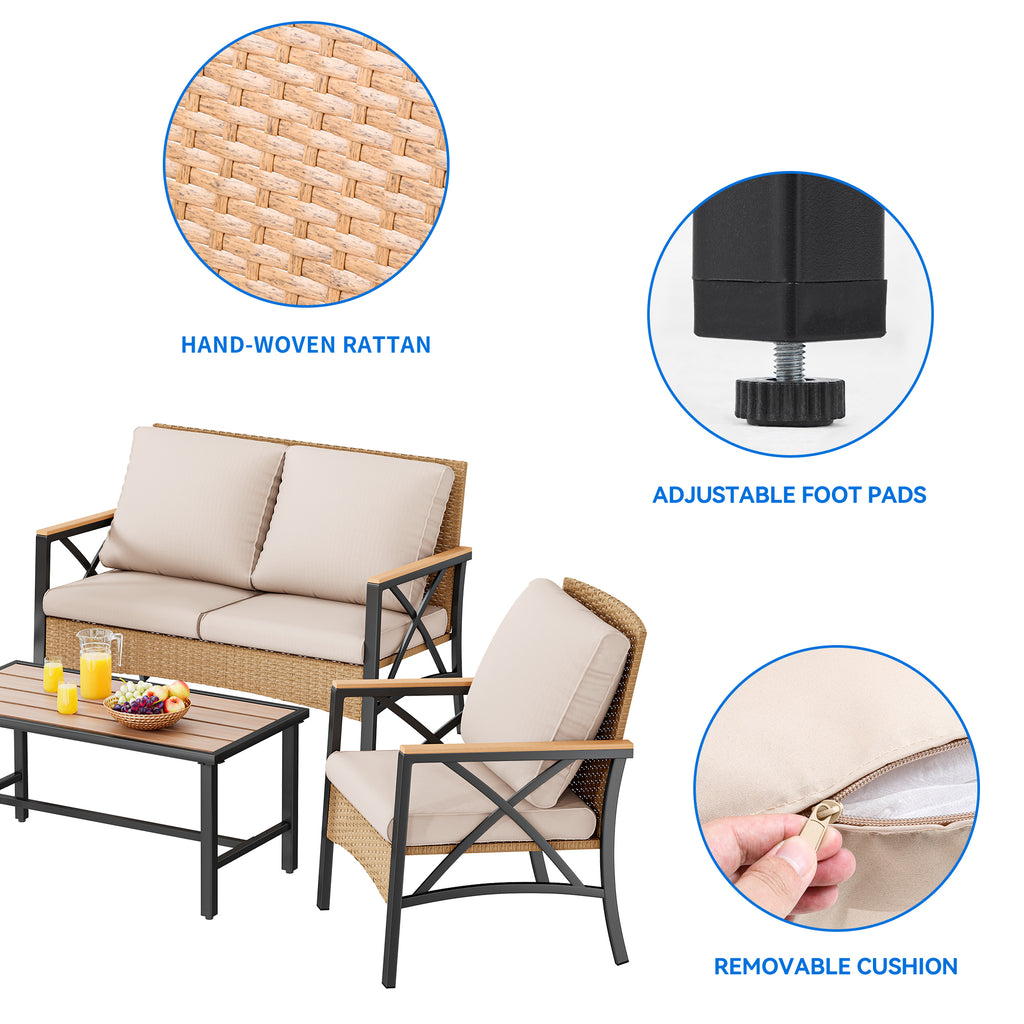 4-Piece All-Weather Patio Furniture Set with Wood Armrests and Rattan Design, Light Brown+Beige H6028