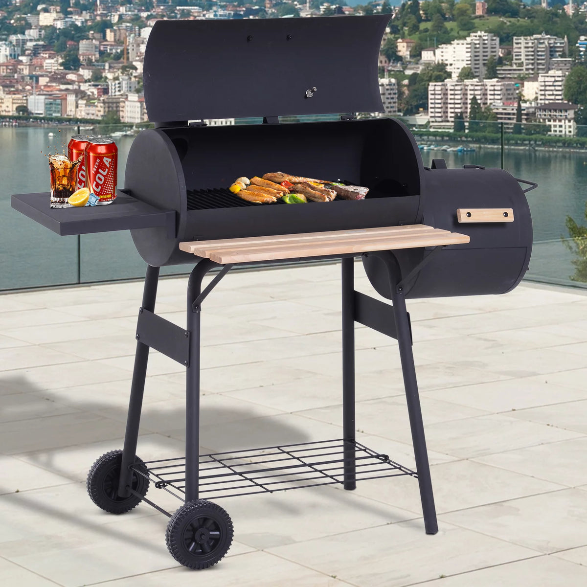 48" Steel Portable Charcoal BBQ Grill and Offset Smoker Combo with Wheels W67154