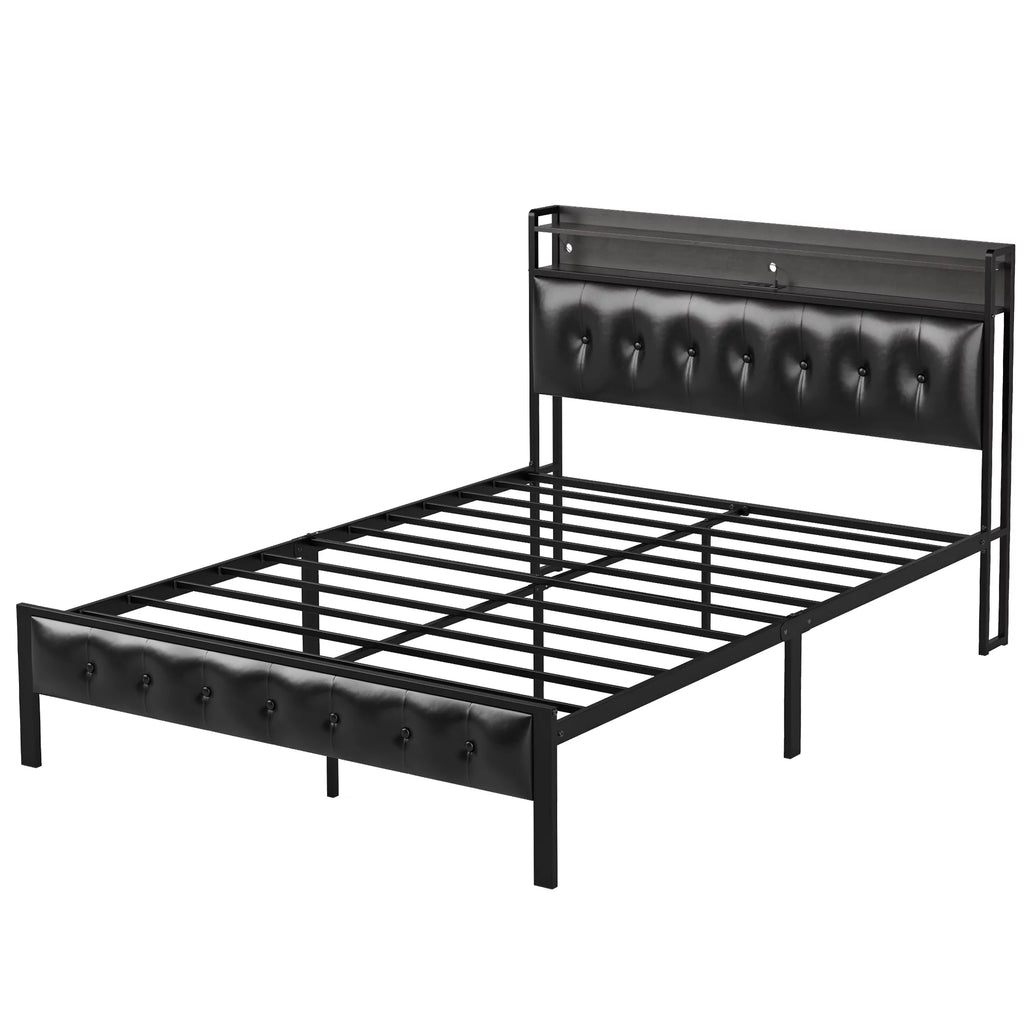 Queen Upholstered Platform Bed Frame with Storage Headboard Q98507