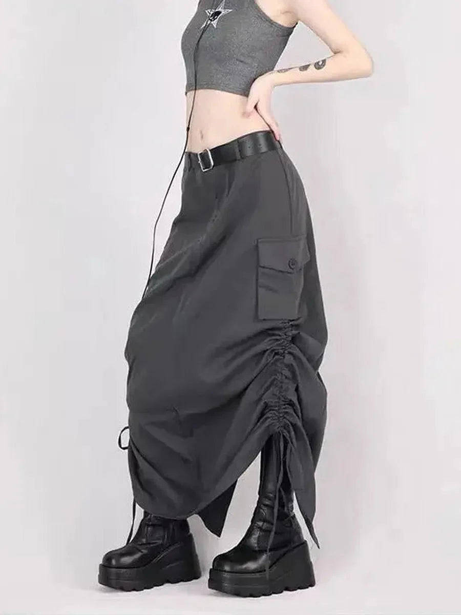 Grunge Ruffled Split Midi Dress Y694