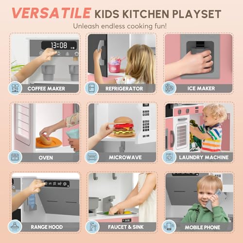 Play Kitchen with Lights & Sounds, 28 Pcs Toy Food & Cookware D21587