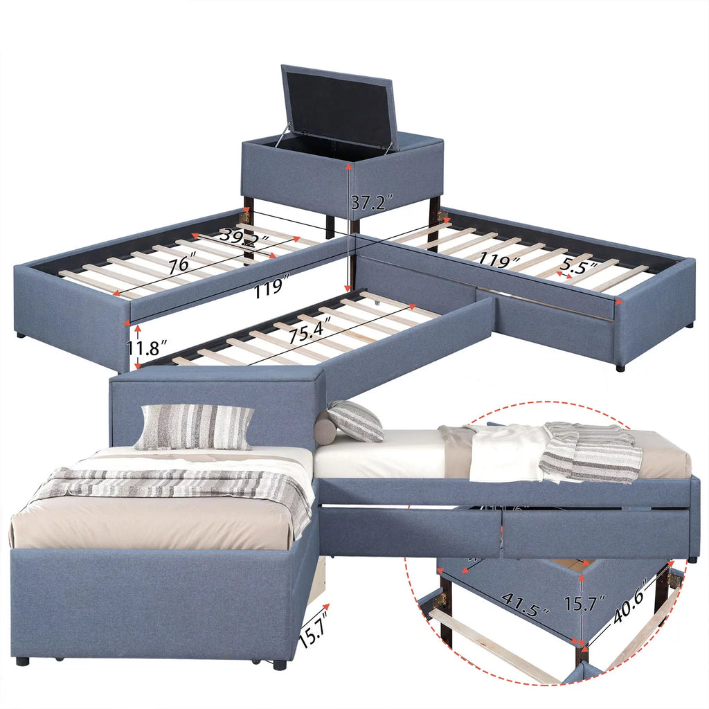Grey L Shaped Platform Bed with Two Drawers and Built-in Desk R9361
