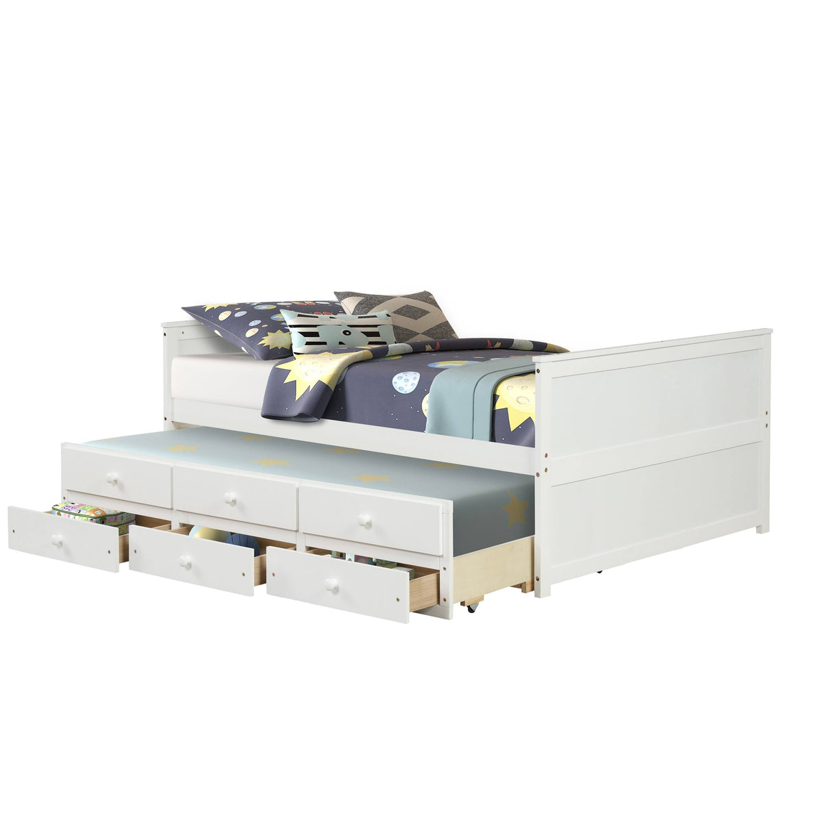 White Full Captain Bed with Twin Trundle and 3 Drawers W9306