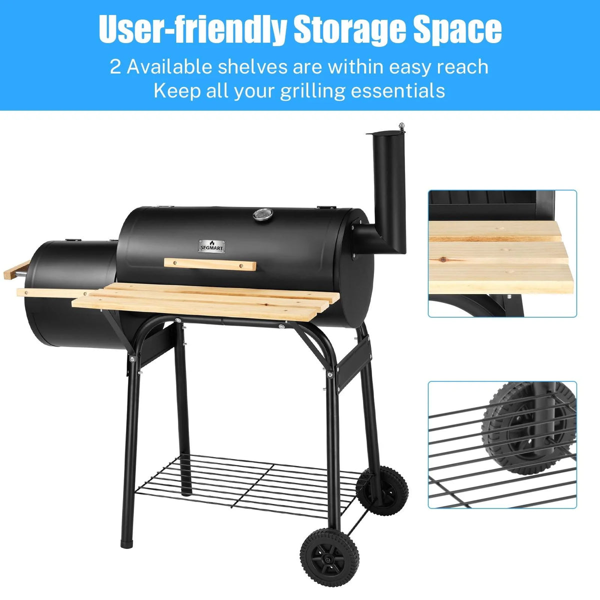 Charcoal Grill, 45.28-Inch Portable Offset Smoker with Wheels & Thermometer Z327