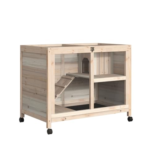 Blue & White Wooden Rabbit Hutch with Tray and Wheels Q38641