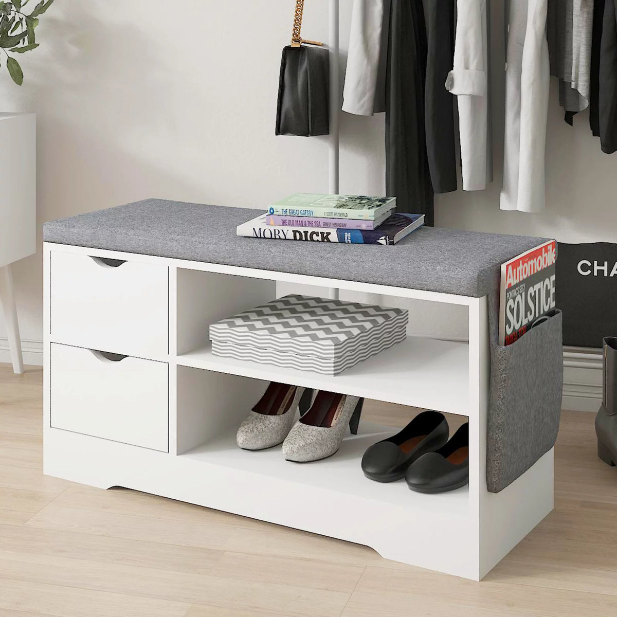 White 2-Tier Shoe Storage Bench with Drawer and Cushion P22550