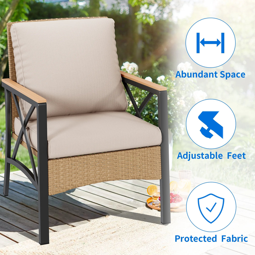 4-Piece All-Weather Patio Furniture Set with Wood Armrests and Rattan Design, Light Brown+Beige H6028