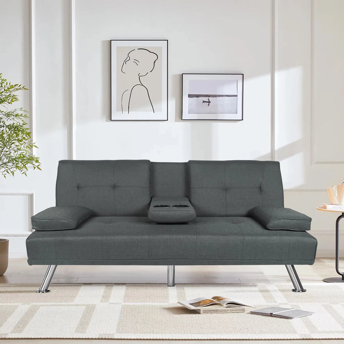Dark Gray Linen Convertible Futon Sofa J9424
