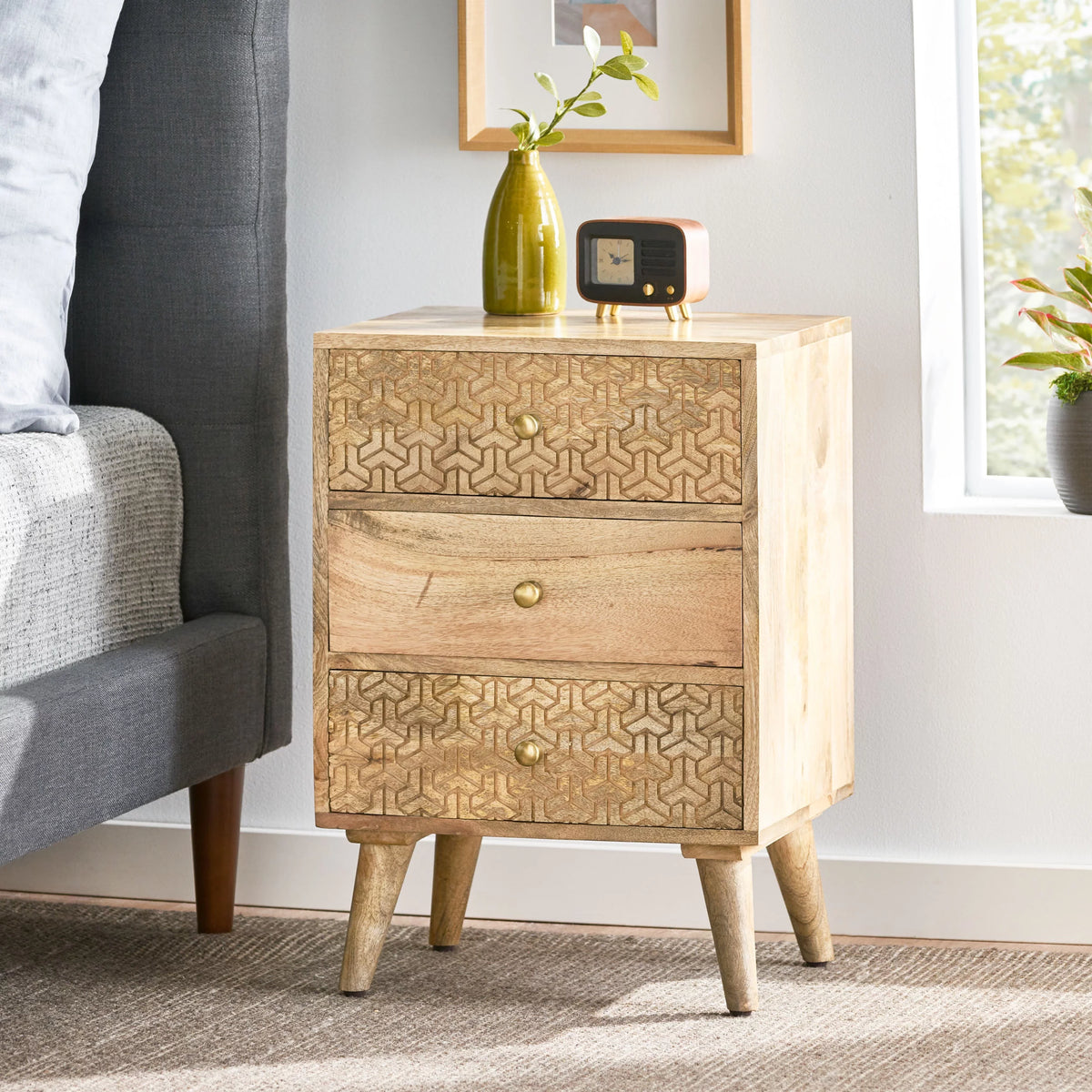 Handmade Mango Wood 3 Drawer Nightstand U466
