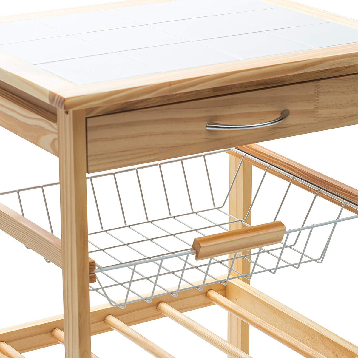 Natural Pinewood Mobile Kitchen Cart with Tile Top V766