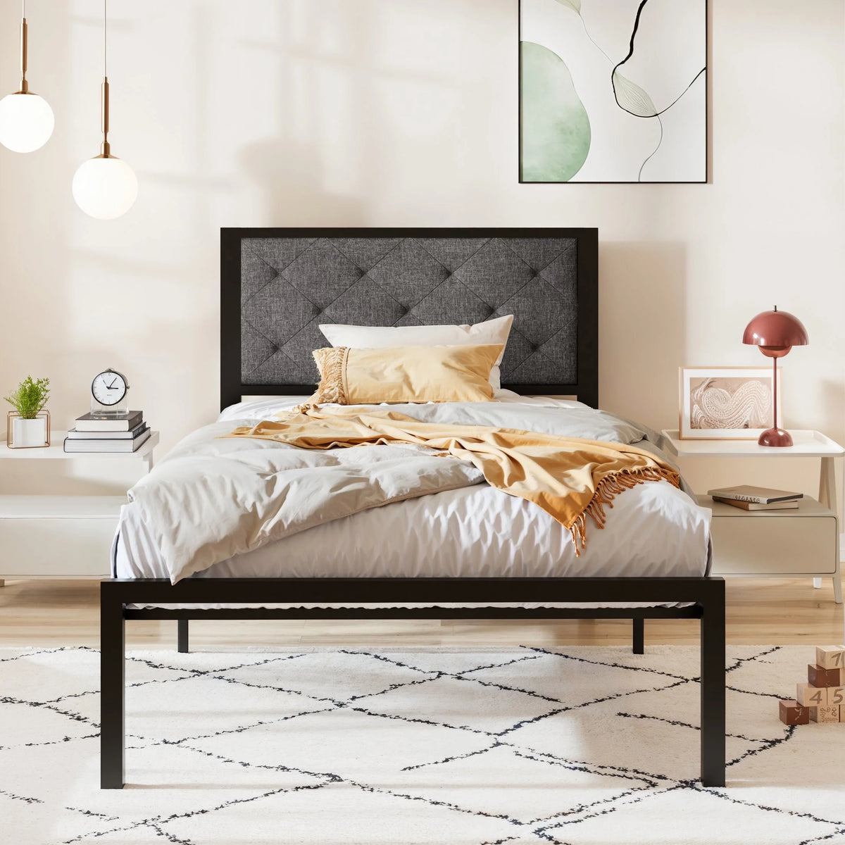Twin Size Metal Platform Bed Frame with Fabric Headboard Y689