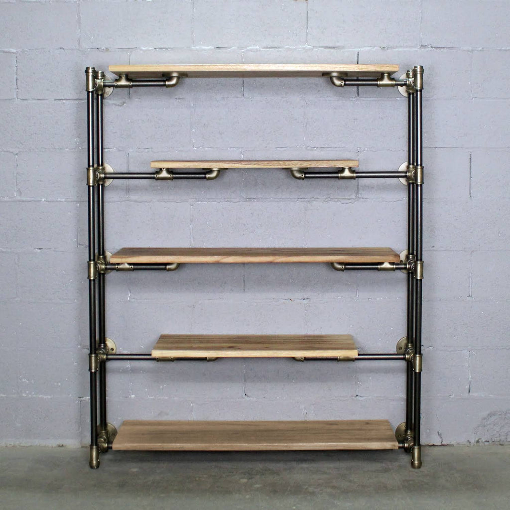 Modern Industrial Floating Tier Etagere Espresso and Hammered Black P52005