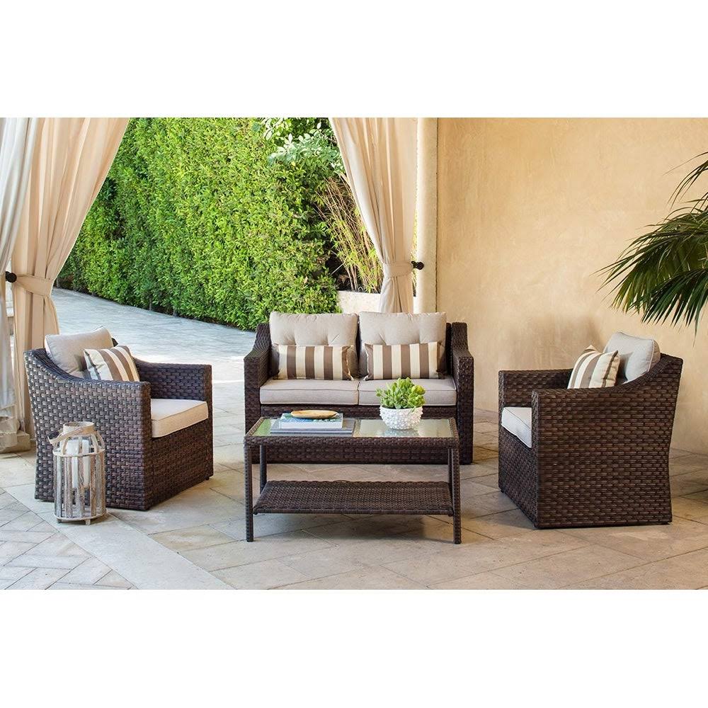 4-Piece All Weather Wicker Patio Furniture Set with Glass Coffee Table U857920