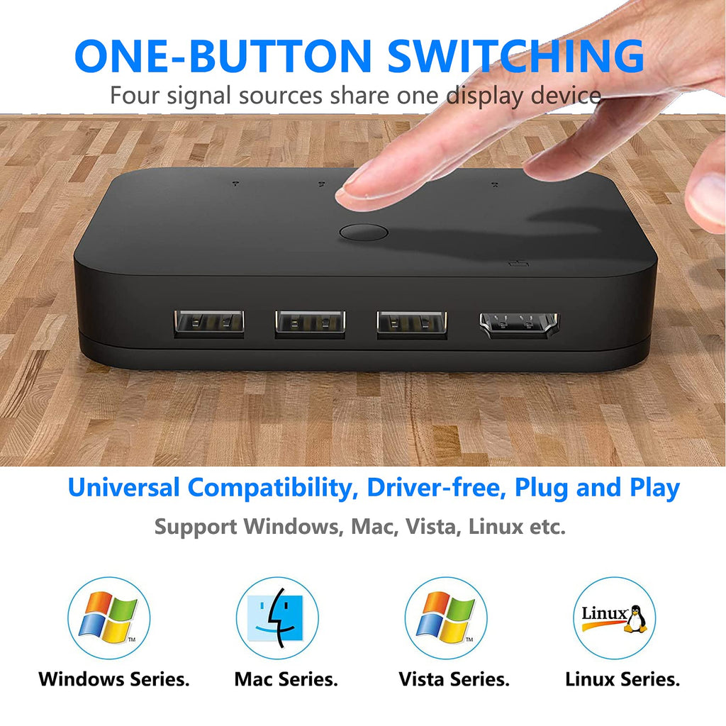 HDMI KVM Switch 4 Port with 4 HDMI Cables, 3 USB 2.0 Hub, 4K@30Hz Q2874