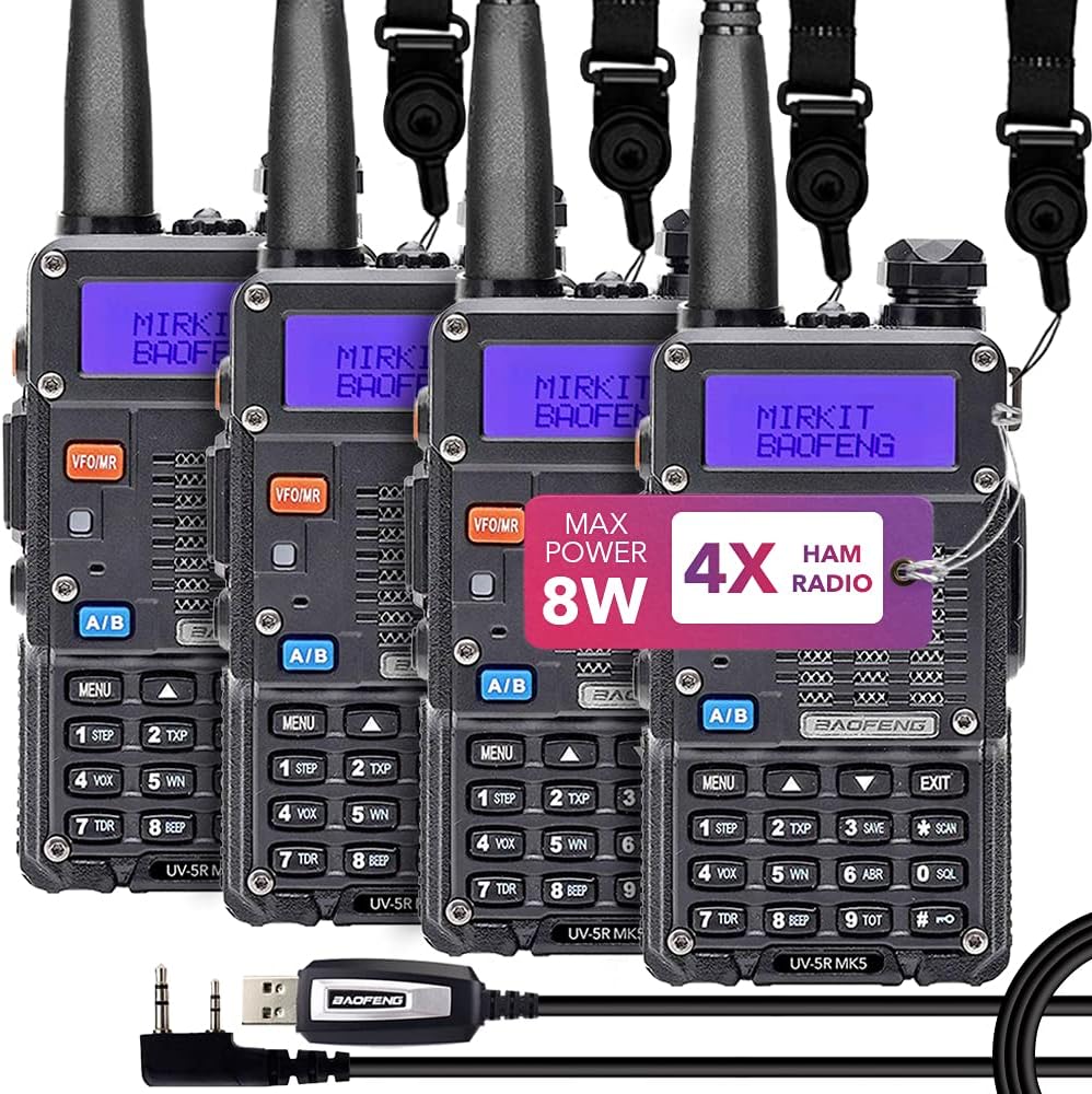 4X Ham Radios 8 Watt Max Power with Lanyards 1800 mAh Li-ion Battery and Programming Cable W937