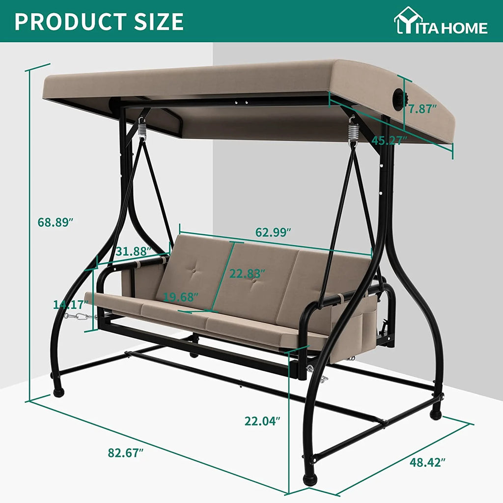 3 Person Outdoor Swing Chair with Adjustable Canopy W33023