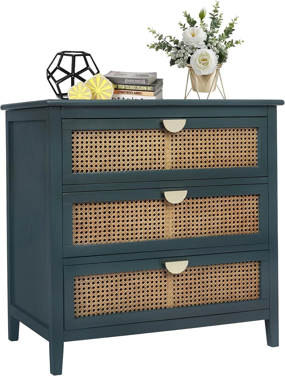 3 Drawer Rattan Dresser with Golden Metal Handles T4174