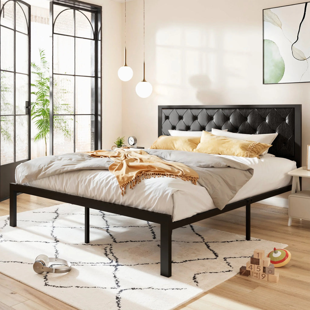 Twin Size Metal Platform Bed Frame with Fabric Headboard Y689