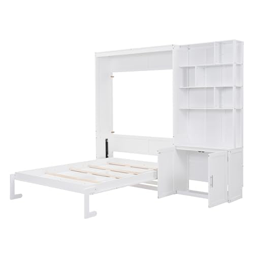 White Solid Wood Queen Size Murphy Bed with Desk R270024
