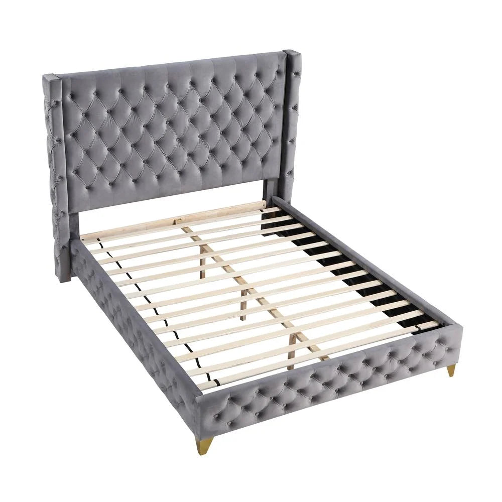 King Platform Bed with Tufted Velvet Upholstery in Gray F737249