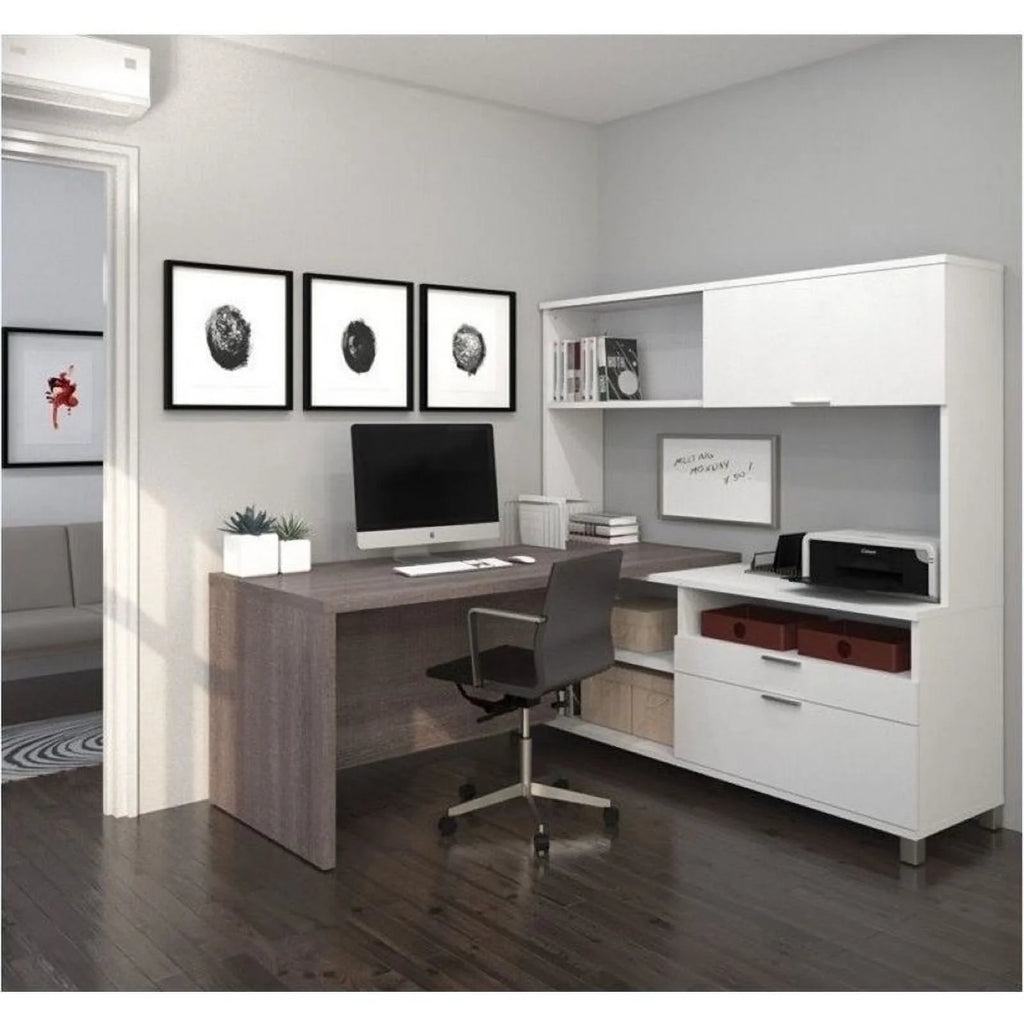 L-Desk with Hutch in White and Bark Gray K8608
