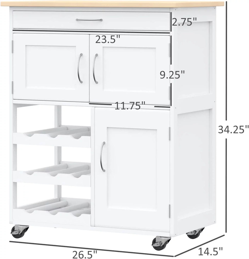 Rolling Kitchen Island with 9-Bottle Wine Rack and Drawer, White L281658