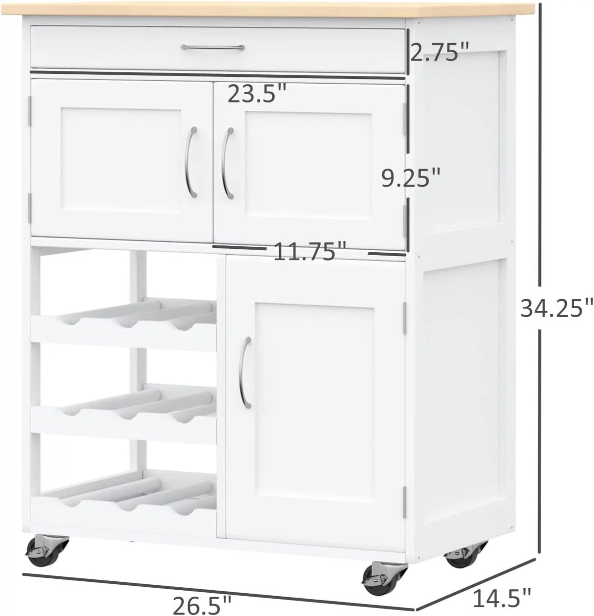Rolling Kitchen Island with 9-Bottle Wine Rack and Drawer, White L281658