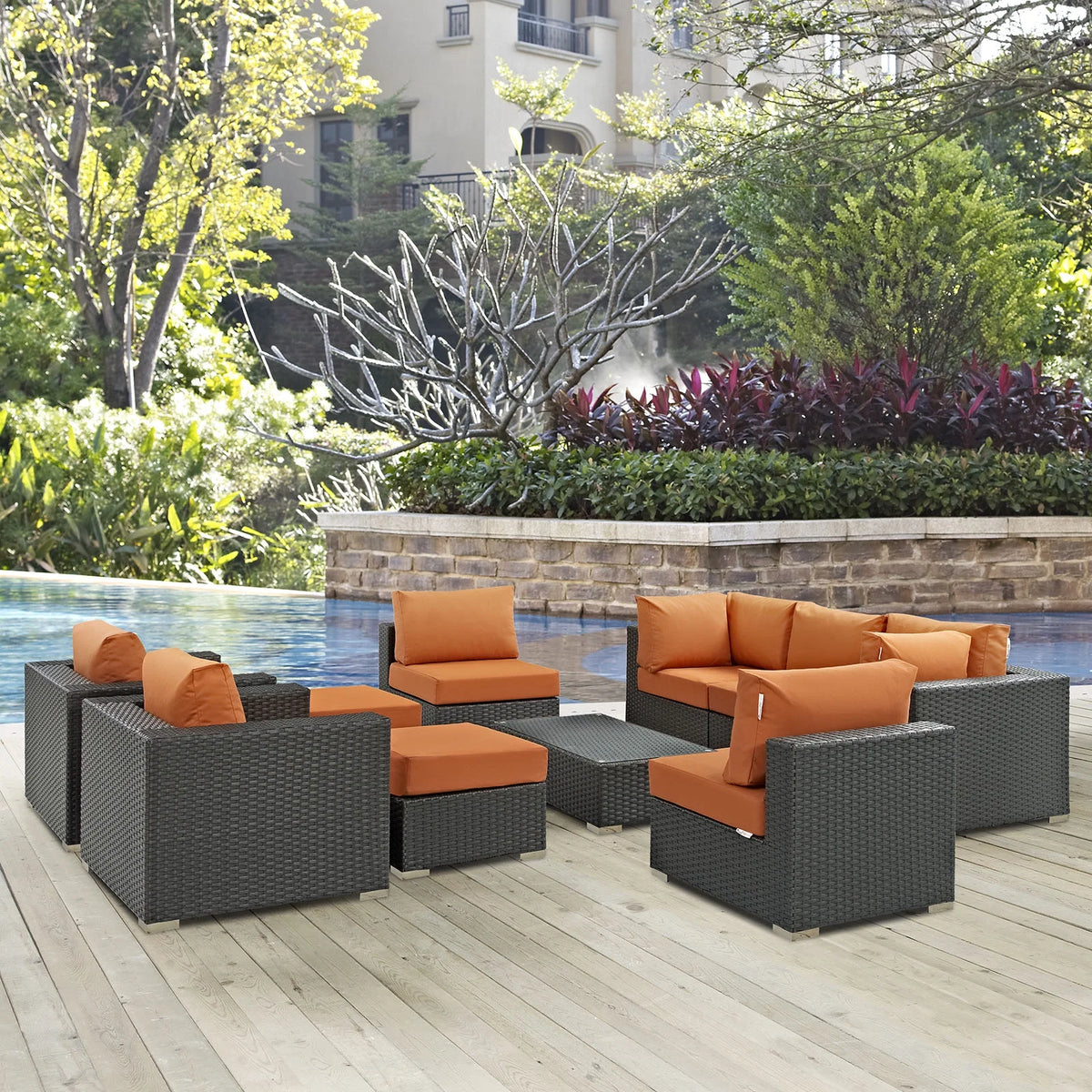 Orange Rattan 10 PCS Sectional Sofa Set Y1089