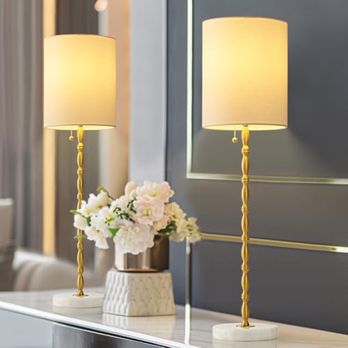 Buffet Lamps Set of 2 Tall Stick Table Lamp Marble Base Linen Shade D472