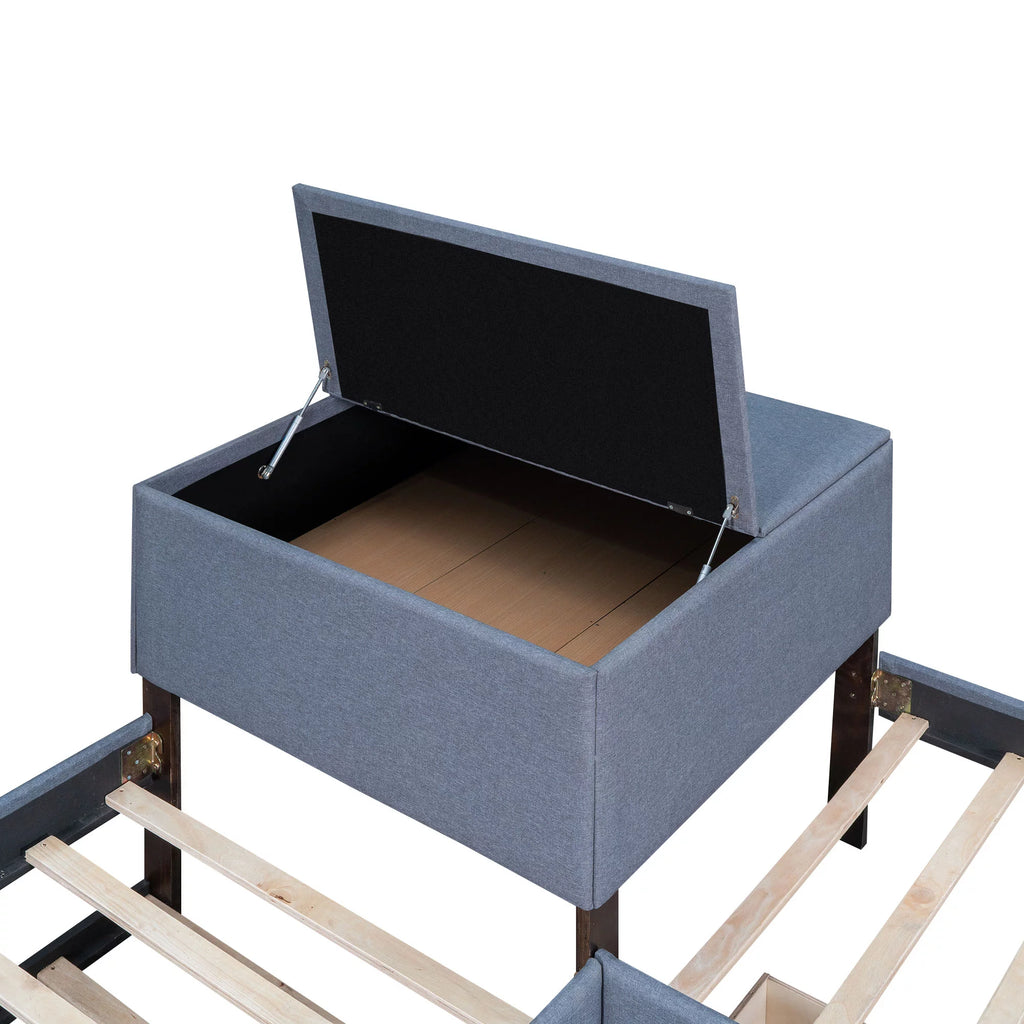Grey L Shaped Platform Bed with Two Drawers and Built-in Desk R9361