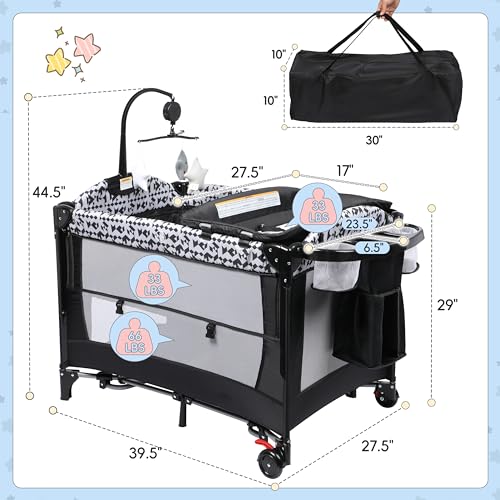 5-in-1 Pack and Play Baby Bassinet Bedside Sleeper with Diaper Changer Storage Bag Music Box Portable Baby Crib Carry Bag Foldable Playard Bassinet K12903