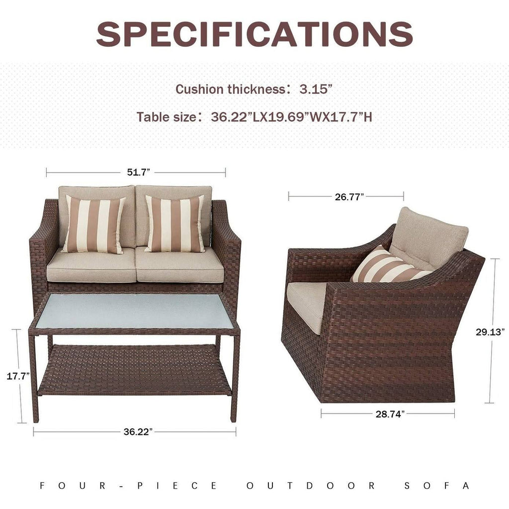4-Piece All Weather Wicker Patio Furniture Set with Glass Coffee Table U857920